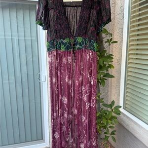 Free People Purple and Black Tiered Maxi Dress with Plunge Neckline